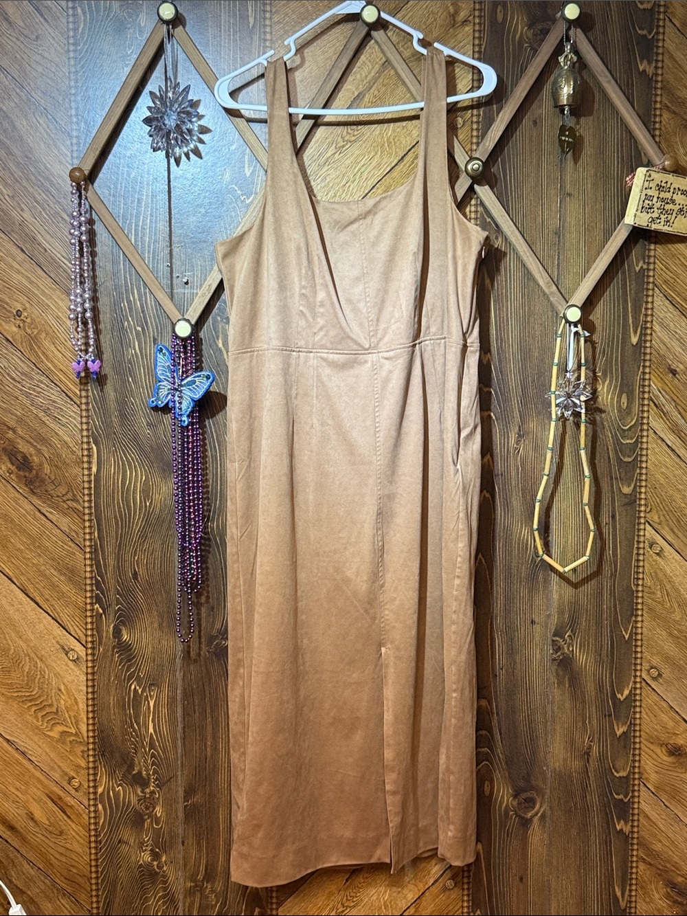 Sleeveless Tan Midi Slip Dress with V-Neck